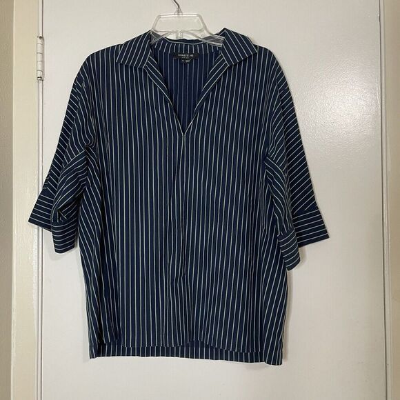 LAFAYETTE 148 New York navy green stripe short sleeve blouse top size medium - Picture 1 of 3
